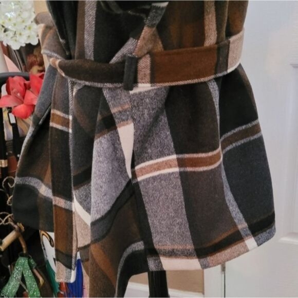New Women's Wool Coat Couture Equestrian Preppy Luxury 2X XXL Brown Plaid - Picture 5 of 7